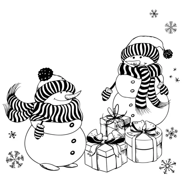 Grappige kerstsneeuwpoppen met geschenkdozen en sneeuwvlokken. — Stockvector