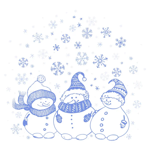 Grappige kerst sneeuwpoppen en doodle sneeuwvlokken. — Stockvector