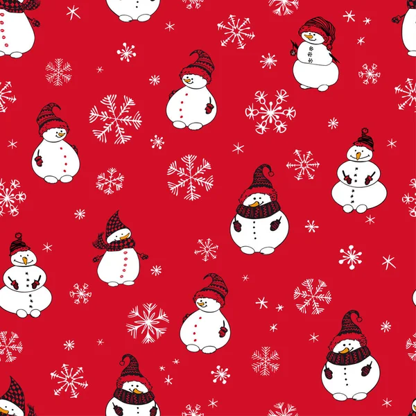 Płynny wzór z bałwanami świątecznymi i płatkami śniegu doodle na czerwonym tle. — Wektor stockowy