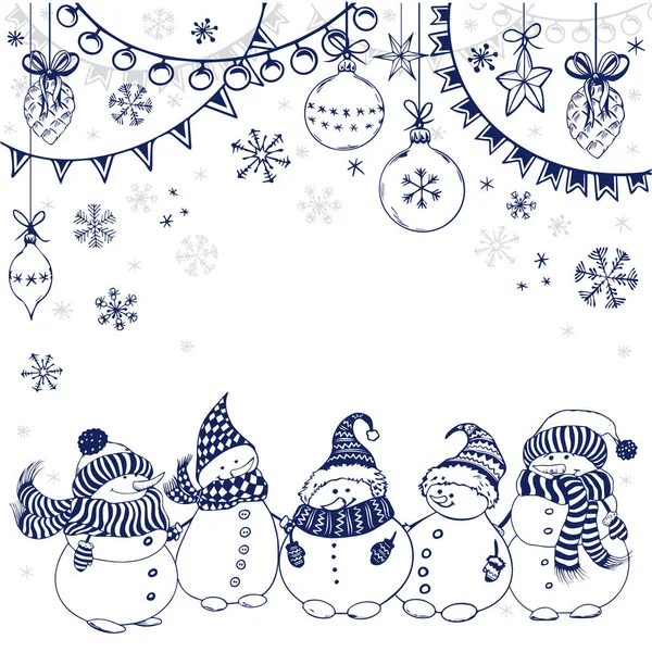 Julkort med roliga små snögubbar, julkransar, dekoration och snöflingor. — Stock vektor