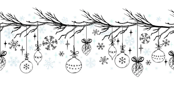 Guirlanda horizontal sem costura com flocos de neve, bolas de Natal, ramos e cones. —  Vetores de Stock
