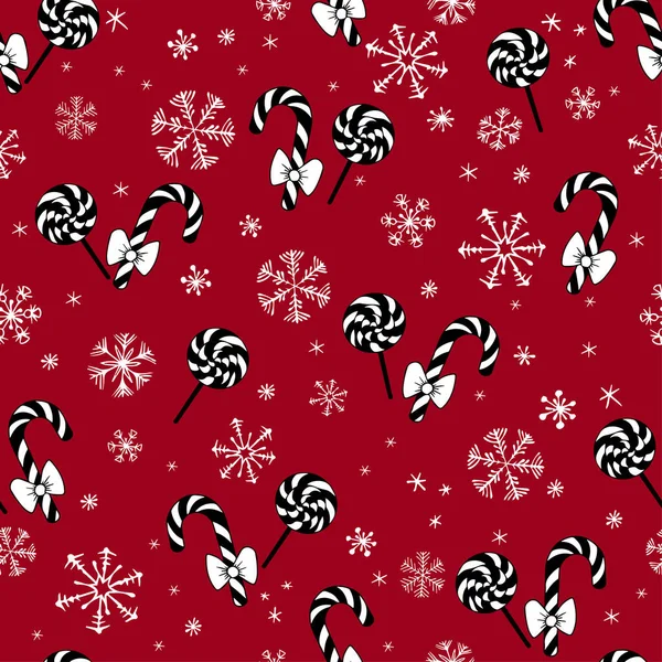 赤の背景にクリスマスキャンデーの杖と雪の結晶とシームレスなパターン. — ストックベクタ