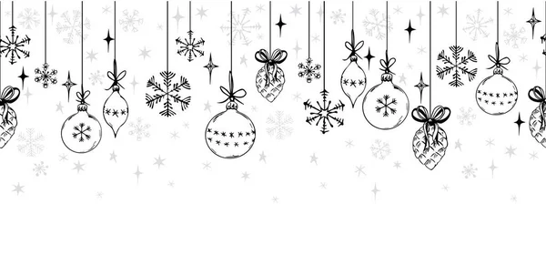 Bordure sans couture avec boules de Noël et flocons de neige. — Image vectorielle