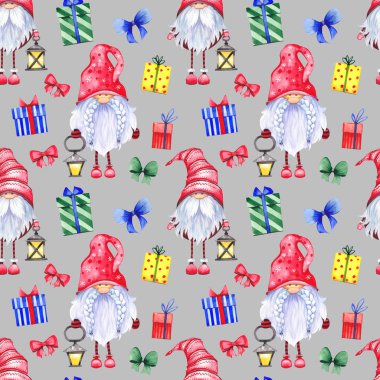İskandinav Noel cüceleri, lambalar ve renkli hediye kutularıyla kusursuz desen..