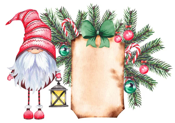 Gnome de Natal escandinavo com cartão de pergaminho. — Fotografia de Stock