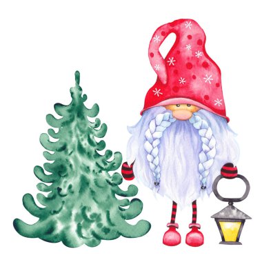 Yeşil köknar ağacıyla İskandinav Noel cücesi.