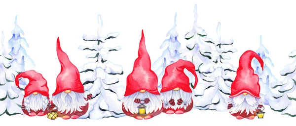 Płynny poziomy wzór z uroczymi skandynawskimi świątecznymi krasnalami i śnieżnymi drzewami. — Zdjęcie stockowe