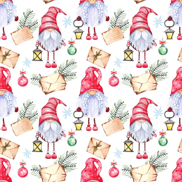 İskandinav noel cüceleri, lambalar ve harflerle kusursuz desen.
