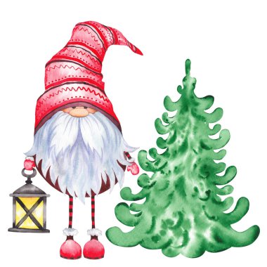 Yeşil çam ağacı ve lambasıyla İskandinav Noel Cücesi.