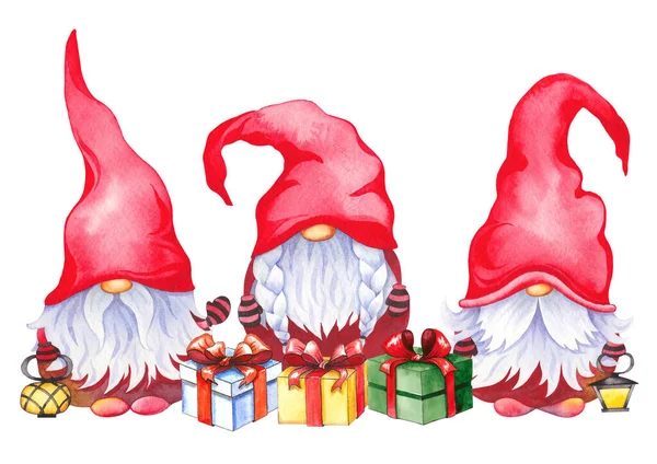 Lambalı ve hediye kutulı İskandinav Noel Cüceleri.
