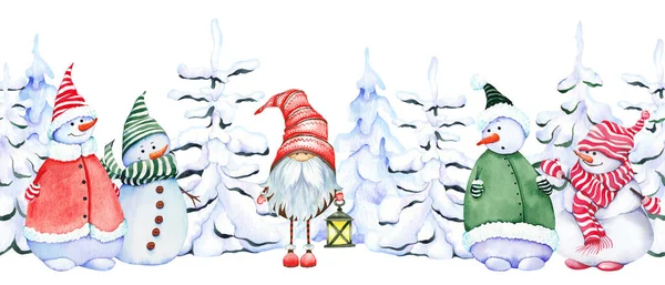 Naadloos horizontaal patroon met grappige sneeuwpoppen en Scandinavische Kerst Gnome. — Stockfoto