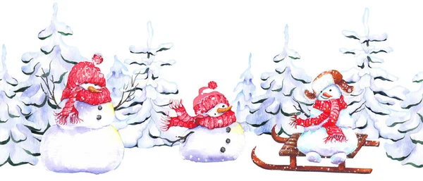 Naadloos horizontaal patroon met grappige sneeuwpoppen op besneeuwde bosachtergrond. — Stockfoto