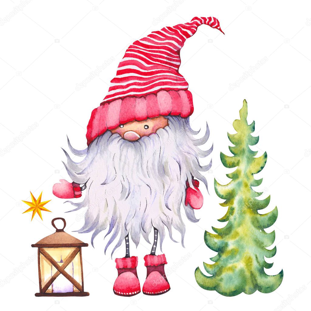 Scandinavian Christmas Gnome with a lamp and green spruce tree.