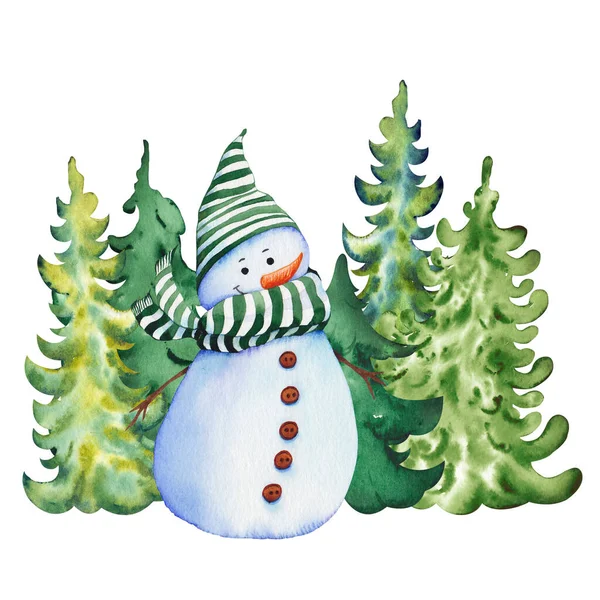 Natal boneco de neve no fundo da árvore floresta sempre verde. — Fotografia de Stock
