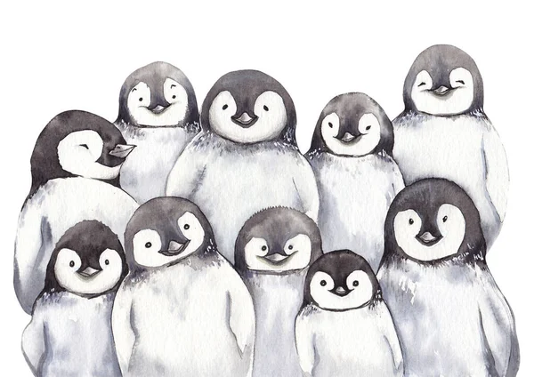 Watercolor Penguin cartoon family. — Stock Photo, Image