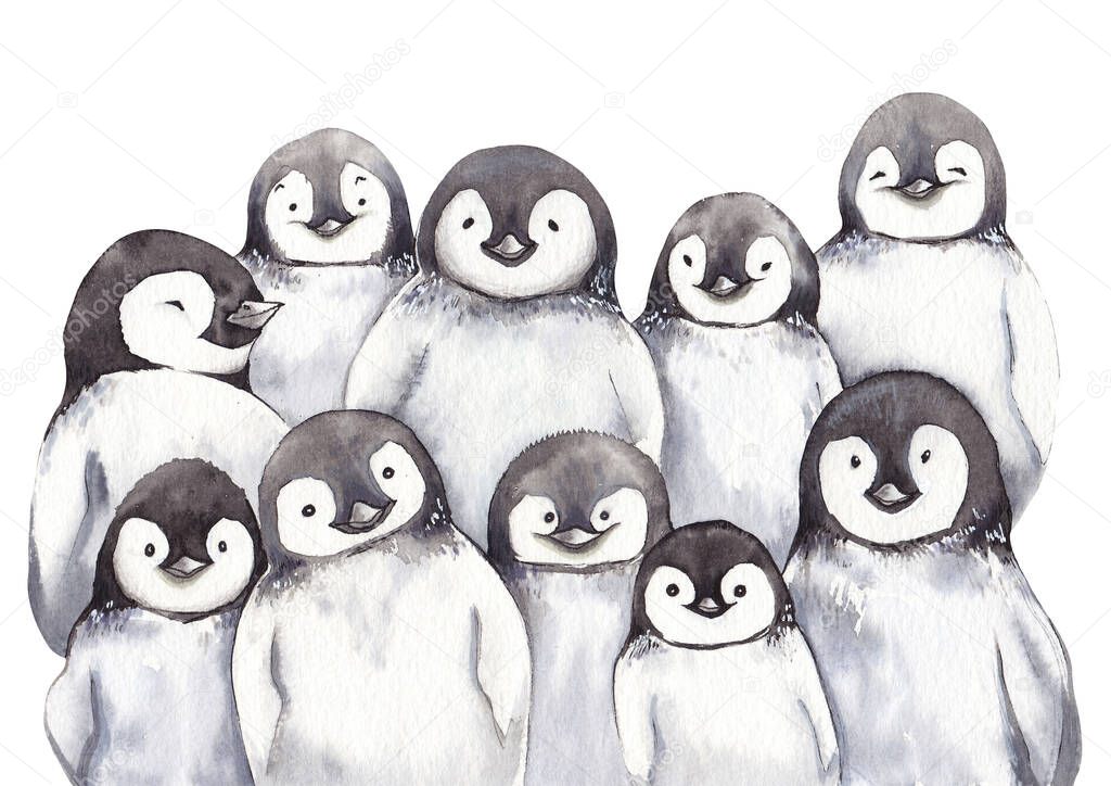 Watercolor Penguin cartoon family.