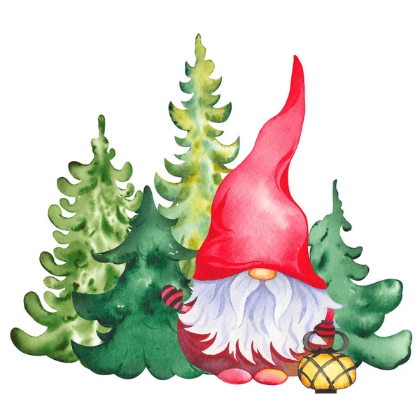 斯堪的纳维亚圣诞灯笼，背景为常绿森林. — 图库照片