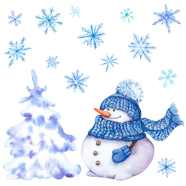 Kerst sneeuwpop met dennenboom en doodle sneeuwvlokken. — Stockfoto