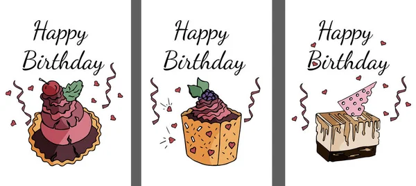 Illustration Birthday Cards Tasty Cakes Muffins Cream — Stock Vector