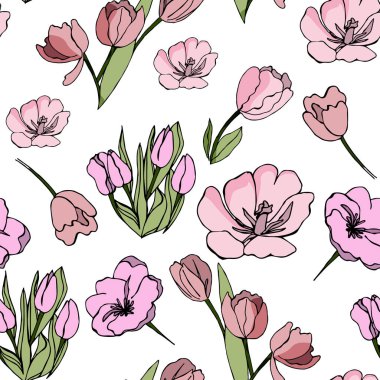 Lale seamless modeli modern doodle tarzda seslendirdi. Scetchy modern tarzda kaydırma ve arka planlar