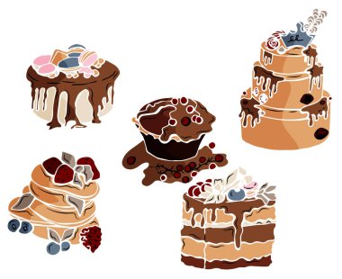 Elle çizilmiş tatlılar ve pastalar vektör çizim seti ile. Çay tema için. Scetchy öğeler