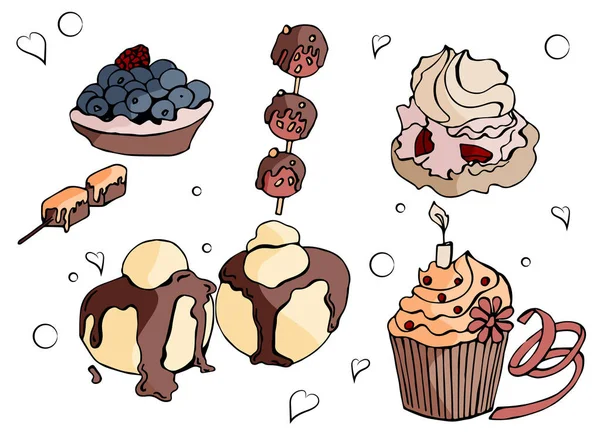 Illustration Vectorielle Avec Ensemble Desserts Gâteaux Dessinés Main Pour Thème — Image vectorielle