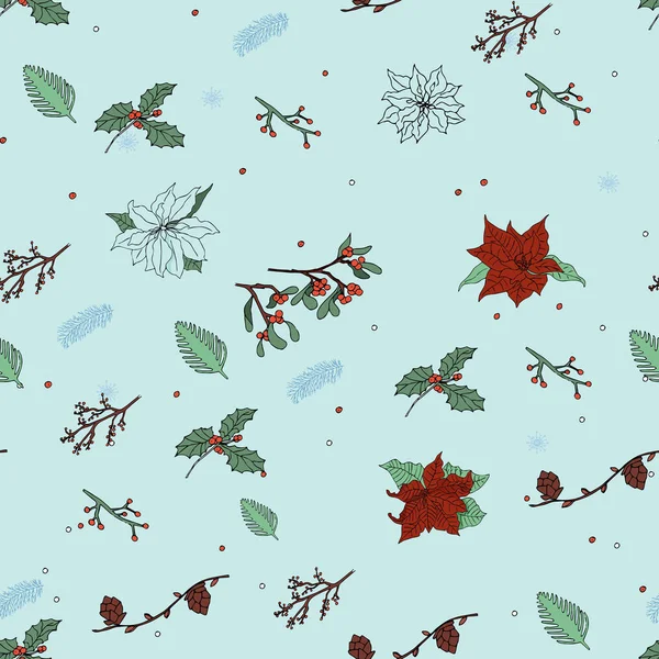 Nahtloses Muster Vektor Mit Schneeflocken Und Blumen — Stockvektor