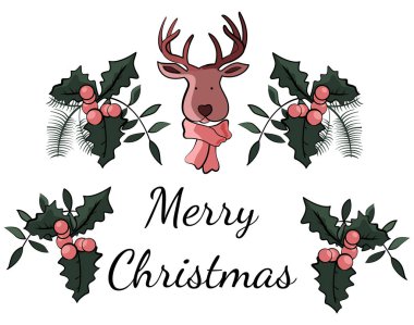 Noel el vektör öğelerinde doodle çizilmiş kartı. Poster veya tebrik kartı kullanılabilir. Çok komik geyik karakter