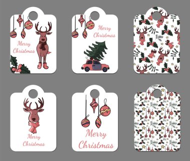 Collection of 8 cute Merry Christmas and Happy New Year ready-to-use gift tags. Set of eight krafted printable hand drawn holiday cards templates. Vector seasonal labels design clipart