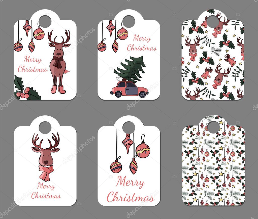 Collection of 8 cute Merry Christmas and Happy New Year ready-to-use gift tags. Set of eight krafted printable hand drawn holiday cards templates. Vector seasonal labels design