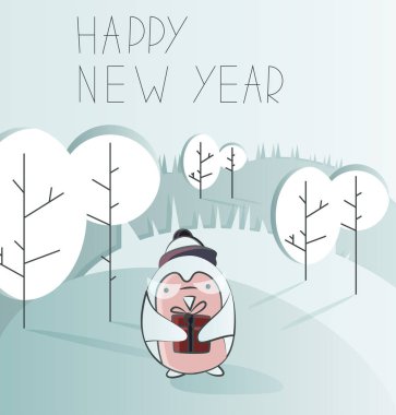 Karikatür kart ile orman ve onun arkadaşı için bir hediye tutarak tepede duran penguen