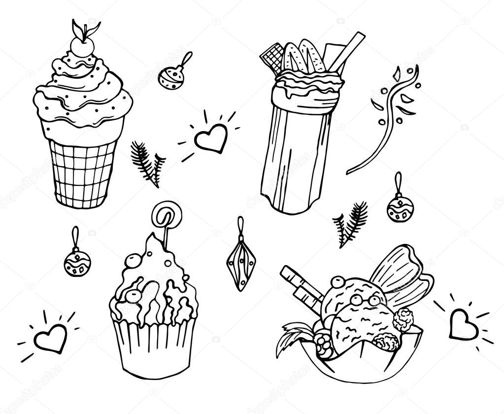Vector hand drawn set of tasty things for coloring kids book.