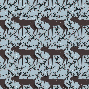 Kar yağışı ve mavi şube arka planda sevimli düz stil üzerinde tekrarlanan geyik ile vektör seamless modeli