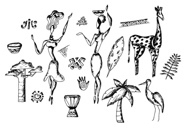 Afrykański tradycyjny szkic narysowany Doodle Vector zestaw — Wektor stockowy