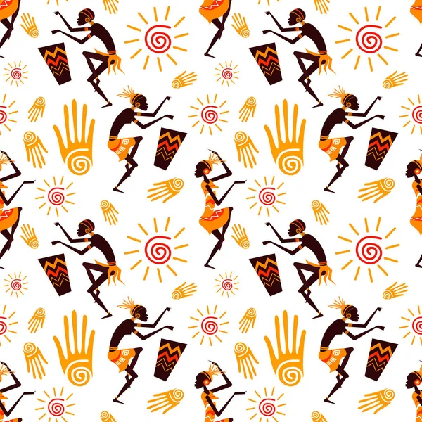 African People Characters Dancing Seamless Pattern — ストックベクタ