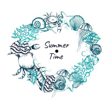 Sualtı Teması. Çember Şekilli Kart Vektör Şablonu