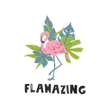 Tropikal Palm Leaves ve Vector Illustration 'un arkasındaki orman bitkileriyle Flamingo Pembe Kuşu. Egzotik Cennet Kuşu ve Hawaii Çiçeği
