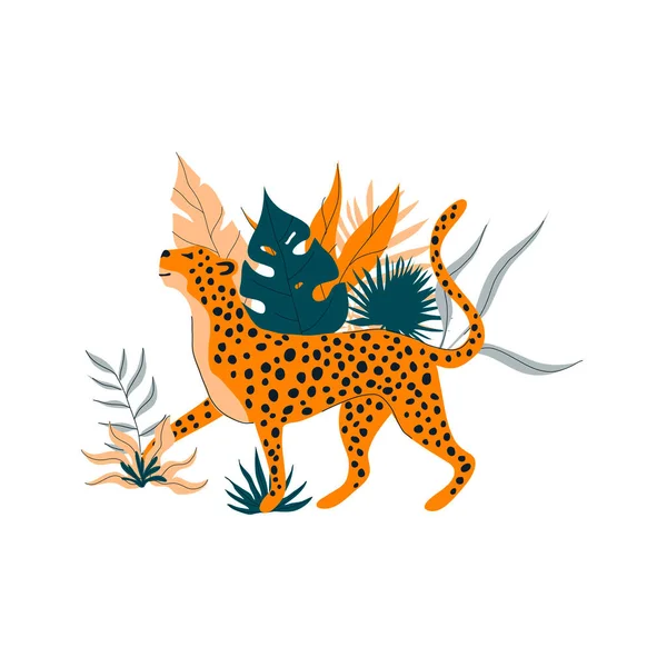 Leopard Stealthy Tread Walking Jungle Bright Foliage Palm Leaves Plants — 스톡 벡터