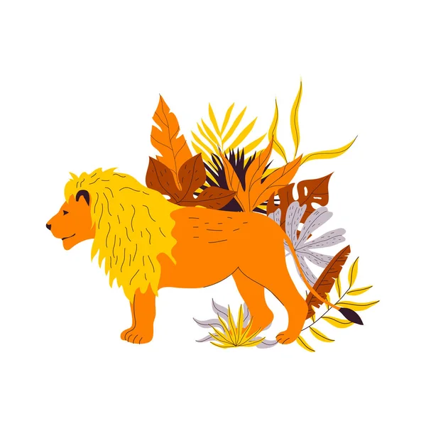 葉の間に立つライオン動物の王ベクターイラスト スウェットやポスターのための明るいトレンディーなグラフィックプリント — ストックベクタ