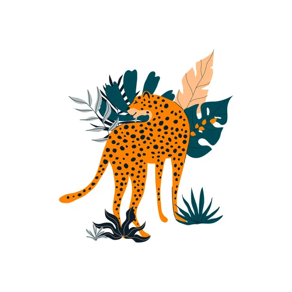 2011 Leopard Standing Jungle Bright Foliage Palm Leaves Plants Vector — 스톡 벡터