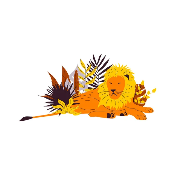 Lion Animal King Lying Leafy Foliage Vector Illustration Inglês Impressão — Vetor de Stock