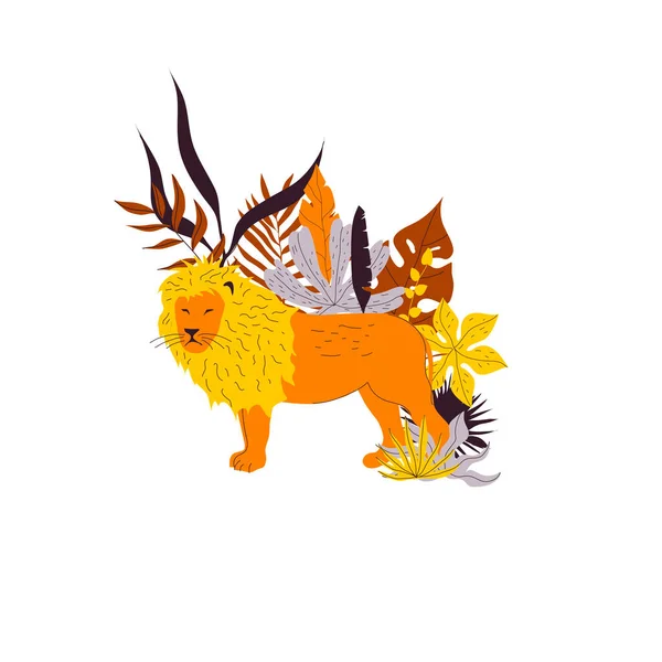 Lion Animal King Staande Tussen Bladluizen Vector Illustratie Heldere Trendy — Stockvector