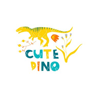 Slogan Vektör İllüstrasyonlu Şirin Dinozor Yazıcısı. Moda Kumaşları ve Tekstil için Grafik Tasarımı