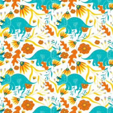 İskandinav tarzında, Elle çizilmiş dinazorlu çocuksu kusursuz model. Tarih Öncesi Canavarlarla Tekstil için Yaratıcı Arkaplan