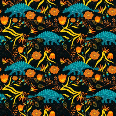 İskandinav tarzında, Elle çizilmiş dinazorlu çocuksu kusursuz model. Tarih Öncesi Canavarlarla Tekstil için Yaratıcı Arkaplan