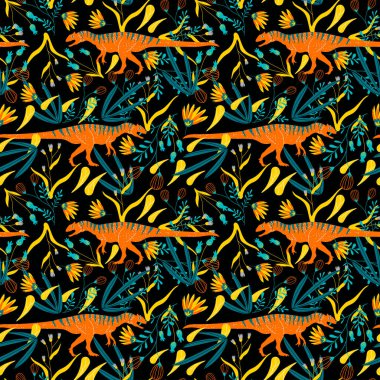 İskandinav tarzında, Elle çizilmiş dinazorlu çocuksu kusursuz model. Tarih Öncesi Canavarlarla Tekstil için Yaratıcı Arkaplan