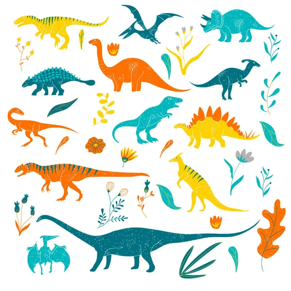 Dinosaurios Divertidos Estilizados Reptiles Con Elementos Florales Vector Set Prehistóricos — Vector de stock