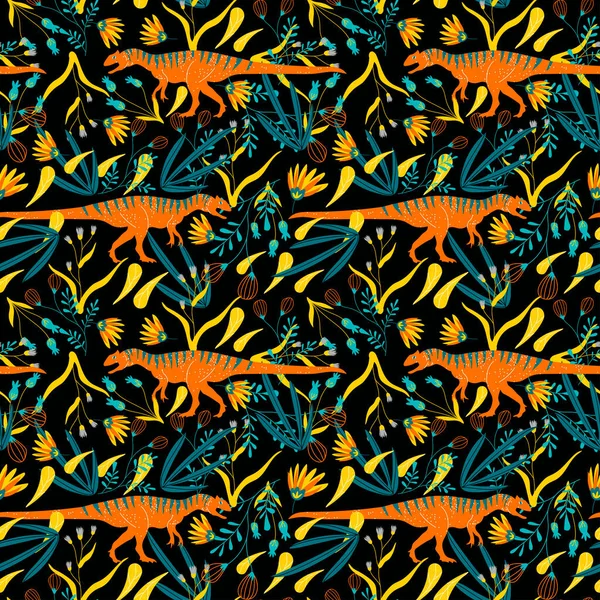 İskandinav tarzında, Elle çizilmiş dinazorlu çocuksu kusursuz model. Tarih Öncesi Canavarlarla Tekstil için Yaratıcı Arkaplan