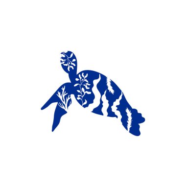 Deniz Flora ile Kaplumbağa Silueti ve Vector Illustration 'un içindeki yabani otlar. Kirliliği ve Su Kirliliğini Durdur Poster Tasarımı Şablonu