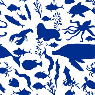 Sualtı Yaratığı ve Deniz Yaşamı, Balık ve Deniz Yabani otlar, Siluetsiz Vektör Deseni. Flora ve Hayvanat Bahçesi Okyanusun Dibinde Yaşıyor